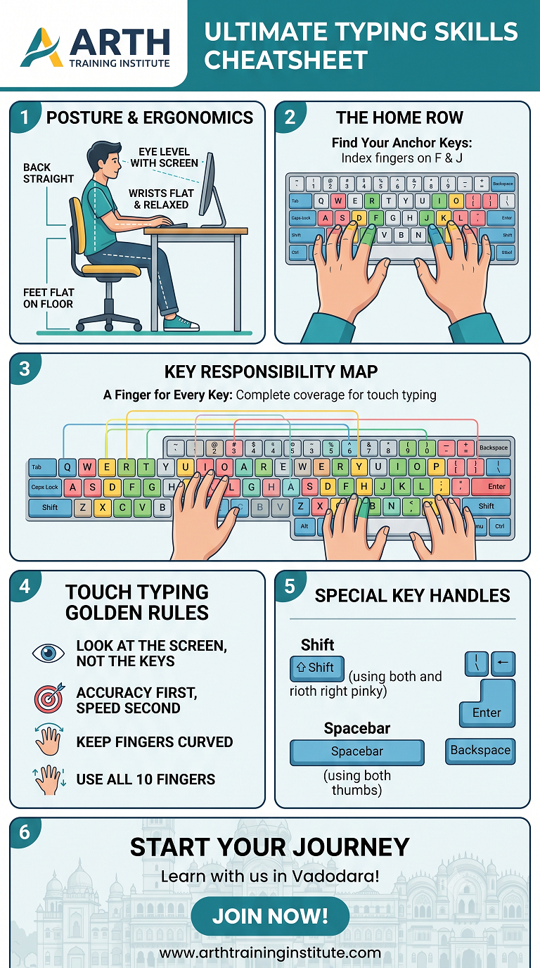 Touch Typing Finger Placement Cheatsheet
